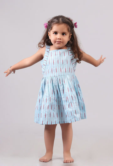 Sky Blue Ikat Sleeveless Flared Dress